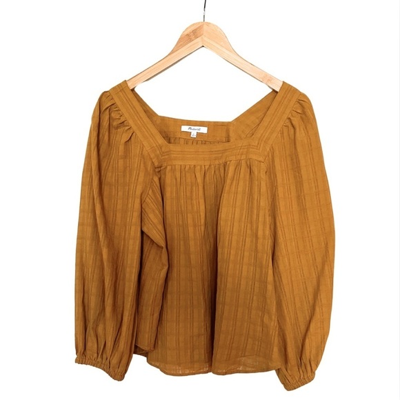 Madewell Square Neck Bubble Sleeve Top in Mustard Plaid. Small - Picture 3 of 4